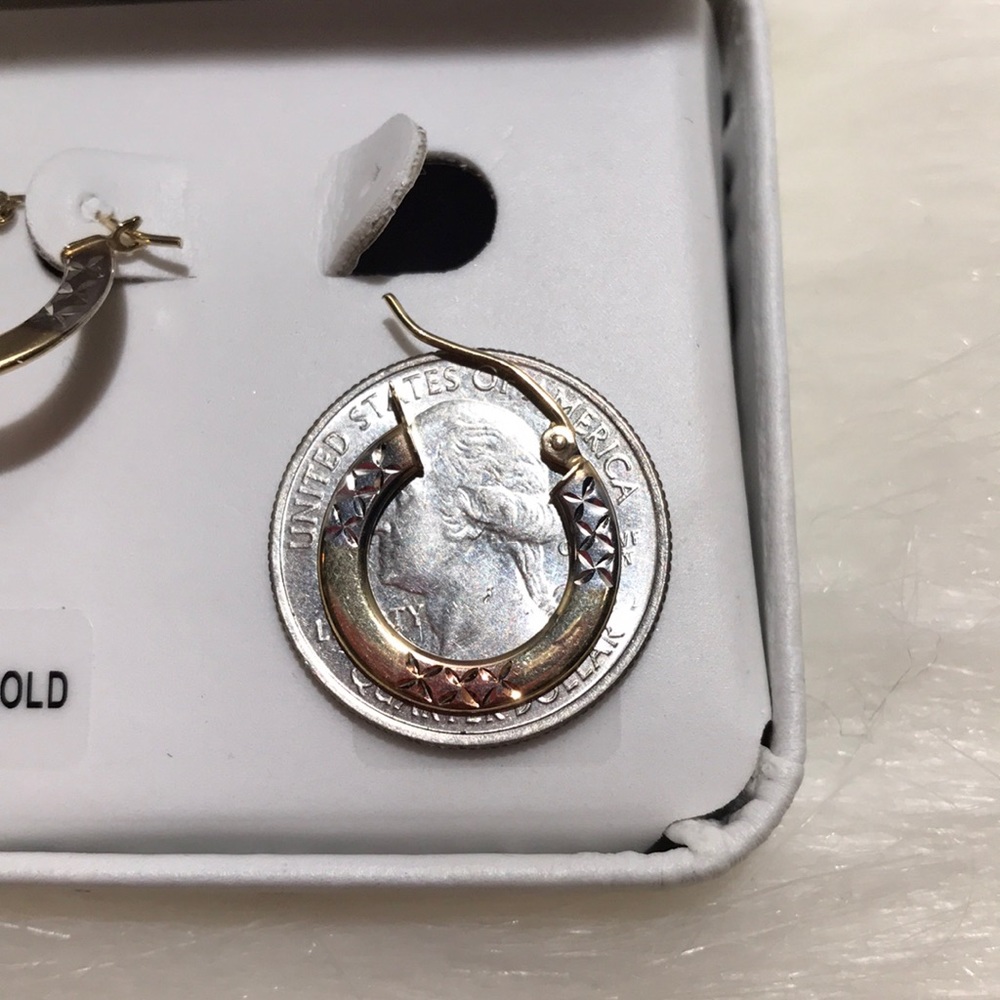 10K Tri Color Gold 3 MM Diamond-cut Round hoops - Picture 5 of 9